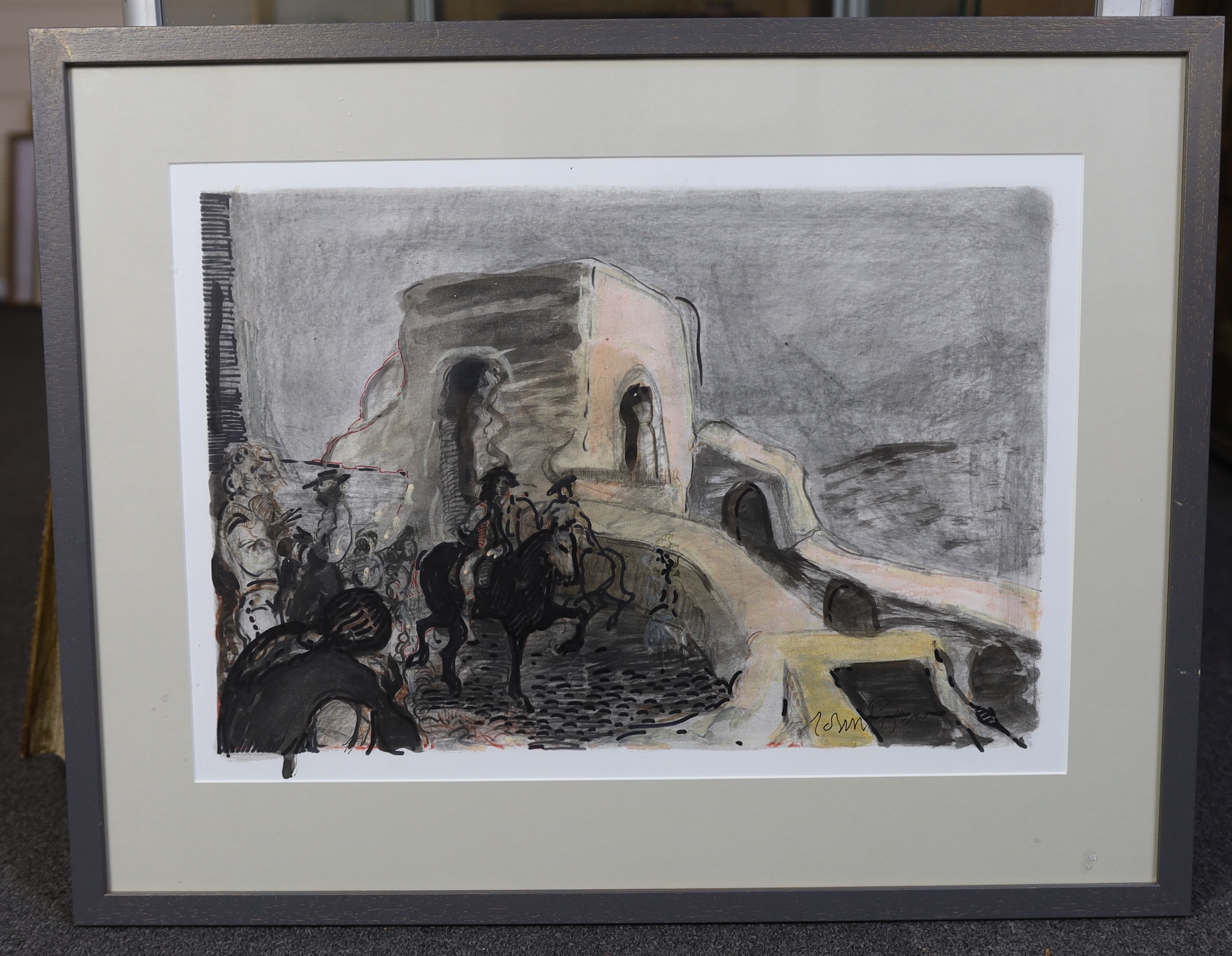 John Piper (British, 1903-1992), Horses and riders in Southern Spain, c.1950, ink, watercolour and pencil, 35 x 51cm